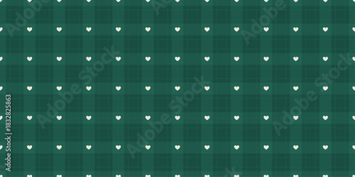 Dark green checkered pattern with tiny white hearts. Plaid seamless background. Vintage wrapping paper for Christmas and holidays. Tartan check for tablecloths. Vector illustration backdrop