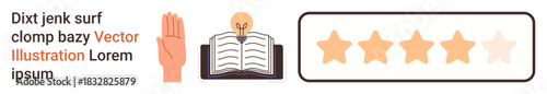 Education, feedback systems, rating, knowledge sharing, creative ideas, review processes. Open book with a lightbulb, raised hand and star rating. Education and feedback systems concept