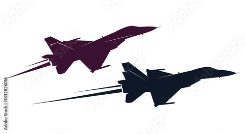 A dynamic vector illustration of two military fighter jets flying at high speed leaving trails behind them on a white background.