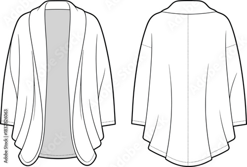 Fashion flat sketch of draped open front cardigan front and back views illustration drawing