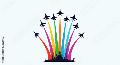 An exciting airshow illustration with a formation of jets leaving vibrant rainbow-colored smoke trails over a crowd silhouette.