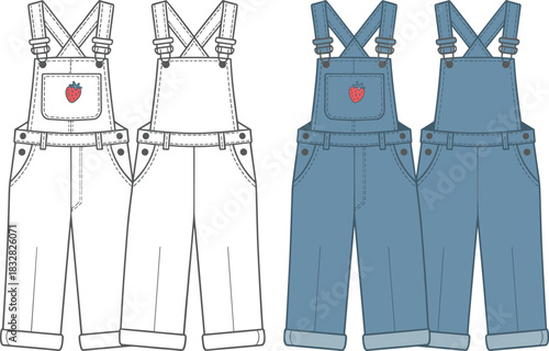 Fashion flat sketch of denim overalls with strawberry patch in front and back views Keywords: overalls, dungarees, denim, jeans