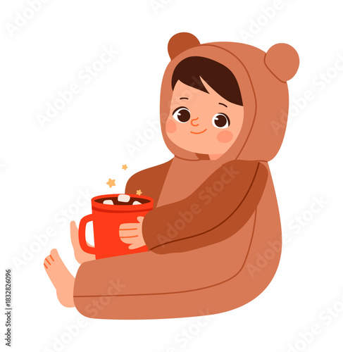 Cute Child in Bear Onesie Holding Hot Cocoa. Adorable cartoon child in a cozy bear costume, sitting with a red mug of hot chocolate topped with marshmallows and stars.