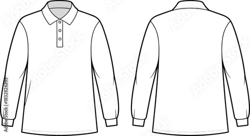 Front and back view of a long-sleeved polo shirt with collar and buttons long-sleeved shirt garment