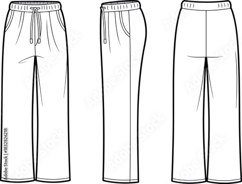 Fashion flat sketch of wide leg lounge pants in front side and back views Keywords: pants, trousers, lounge pants, wide leg