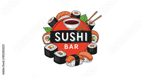 A vibrant and appetizing logo design for a sushi bar featuring various types of sushi arranged around a central circular emblem.