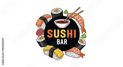 A colorful and detailed hand-drawn emblem for a sushi bar with various sushi types like nigiri and maki on a black background.