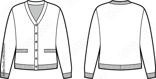 Front and back view of a white button-up cardigan with pockets and ribbed trim sweater knitwear