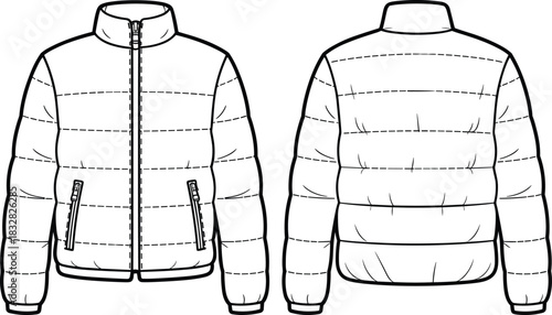 Front and back view of a puffer jacket with zipper and stitched detailing coat outerwear
