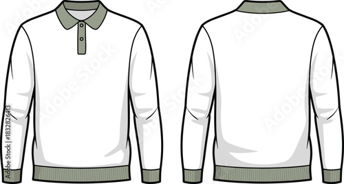 Front and back view of a white long-sleeved polo shirt with grey collar and cuffs long sleeve shirt clothing