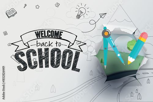 Welcome back to school, illustration of stationery on a white background, ideal for educational promotional material with sketched elements