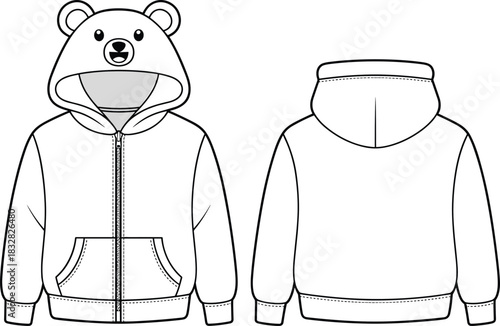 Front and back view of a white zip-up hoodie with a bear face hood jacket sweatshirt