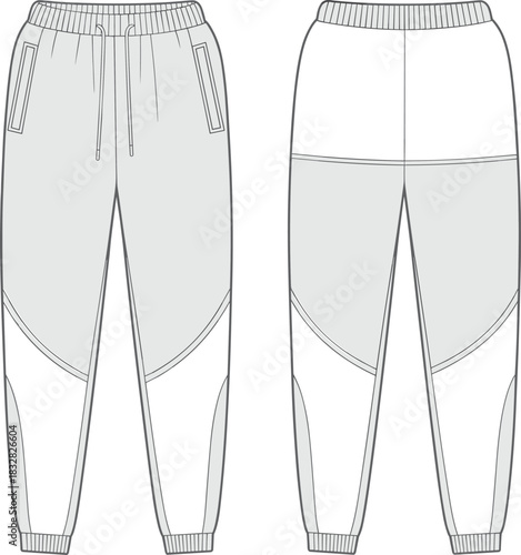 Front and back view of grey and white color block sweatpants with drawstring trousers