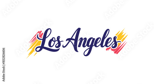 A stylish 'Los Angeles' hand-lettered typography design with colorful pink and yellow brush stroke accents for a modern look.