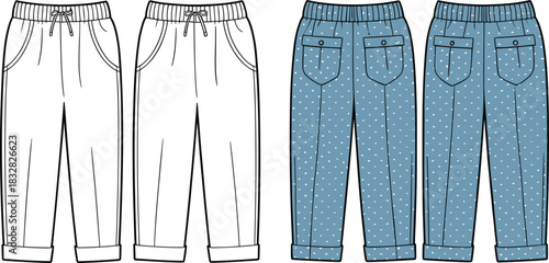 Front and back view of two pairs of casual pants with elastic waistbands and pockets trousers garment