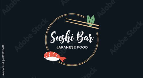 An elegant and minimalist logo for a Japanese sushi bar featuring a circular frame chopsticks and nigiri on a dark background.