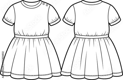 Front and Back Views of a Short Sleeve Dress with Button Shoulder Detail front view clothing