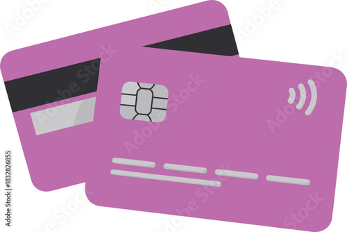 Pink vector illustration of two credit and debit cards with chip and magnetic stripe, symbolizing finance, banking, and payment methods