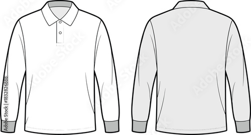 Front and back views of a white long sleeve polo shirt with grey cuffs clothing