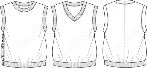 Front and back views of a white sleeveless sweater vest with round and v-neck options knitwear clothing