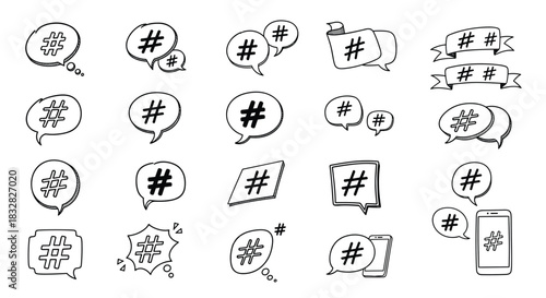 A large collection of hand-drawn hashtag symbols in various speech bubbles and styles for social media and communication concepts.