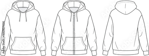 Front Back and Side Views of a Zip Up Hoodie with Pocket and Hood hooded sweatshirt front view