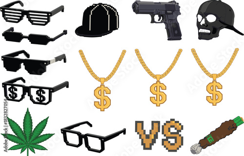 Pixelated gangster vector icon set: includes glasses, gun, dollar sign chain, and cannabis leaf, ideal for retro 8-bit gaming and hip-hop design