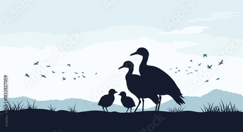 A serene landscape silhouette showing a family of sandhill cranes with two chicks against a backdrop of mountains and a flock of birds.