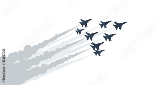 A squadron of military fighter jets performing a flyby in formation with thick grey smoke trails isolated on a white background.