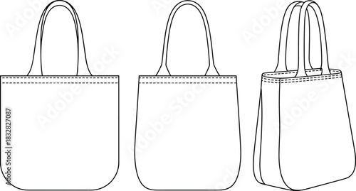 Front, side, and back views of a simple white tote bag with handles handbag shoulder bag