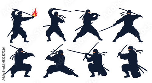 A collection of eight dynamic black silhouettes of ninja warriors in various fighting and action poses with katana swords and fire.