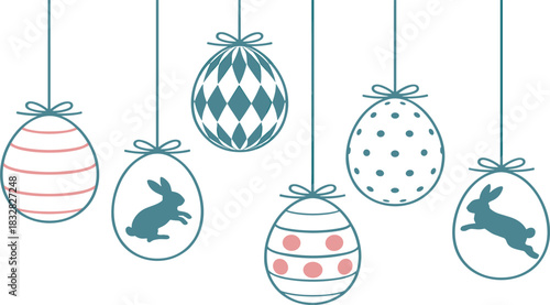 Vintage-inspired vector Easter eggs and rabbit silhouettes with tribal patterns hanging on ribbons, suitable for holiday, spring, and retro design