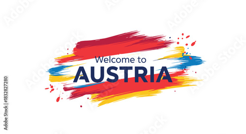 An energetic 'Welcome to Austria' travel promotion graphic with blue text over a colorful abstract paint brush stroke background.