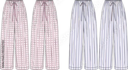 Pink checkered and blue striped wide leg pajama pants front and back views lounge pants
