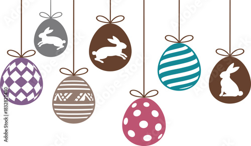 Colorful vector Easter eggs and rabbit silhouettes hanging on ribbons, perfect for holiday greeting cards, decoration, springtime, and celebration graphics