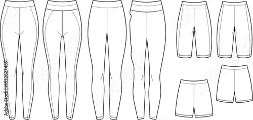 Technical drawings of leggings, capri pants, and shorts in front and back views garment