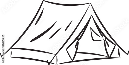 Black and white line drawing of a camping tent shelter