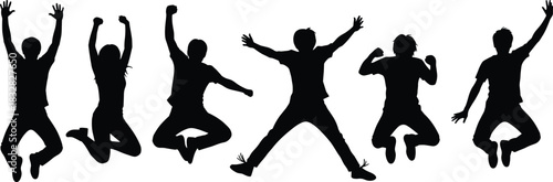 Six diverse black silhouettes of people jumping with arms raised in celebration against a white background