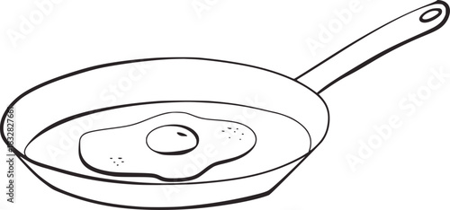 Black and white line drawing of a fried egg in a pan