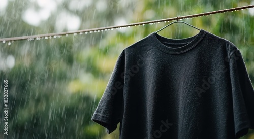 Dark t shirt hanging on clothesline getting wet in heavy rain shower