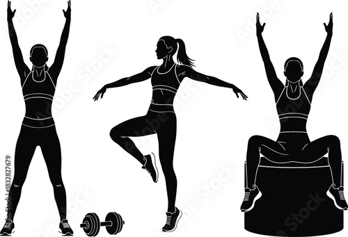 Three black silhouette women exercising with weights and fitness equipment on white background