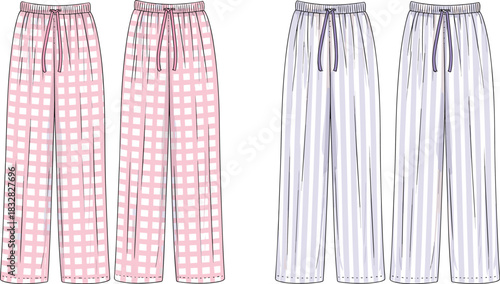 Two Pairs of Pajama Pants One Pink Gingham and One Purple Stripe with Drawstrings Keywords: pajama pants, lounge pants