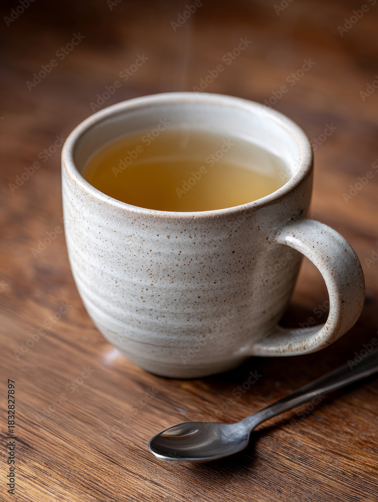 Obraz premium Cup of hot tea on wooden table with spoon beside it.