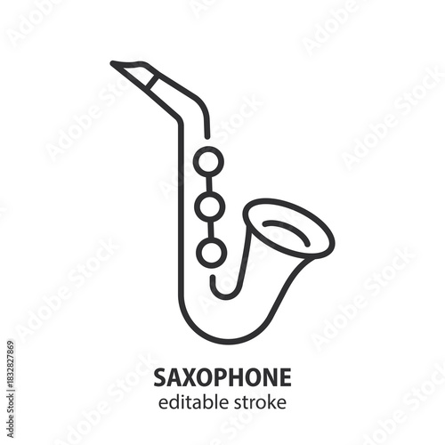 Saxophone line icon. Music instrument vector outline symbol. Musical education and performance graphic element. Editable stroke.