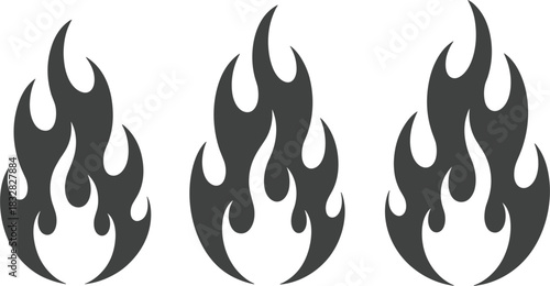 Tribal-style black and gray vector flame icon set representing heat, energy, danger, burning, power, and hot rod automotive design