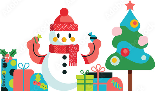 Charming hand drawn cartoon snowman wearing a red knitted hat and scarf stands proudly next to a decorated christmas tree surrounded by colorful gift boxes and festive holiday decorations