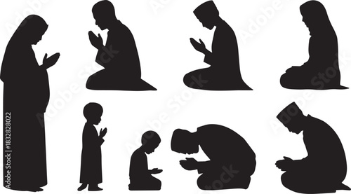 Silhouettes of people praying together and individually in various poses