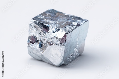 Macro photograph of a clean indium metal piece with extreme purity on white backdrop, silver-gray surface and soft reflections