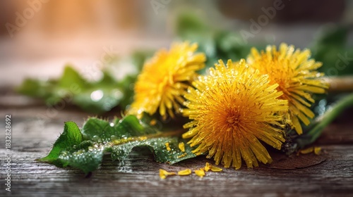 Fototapeta Naklejka Na Ścianę i Meble -  Macro photograph of edible dandelion flowers in a sunlit meadow