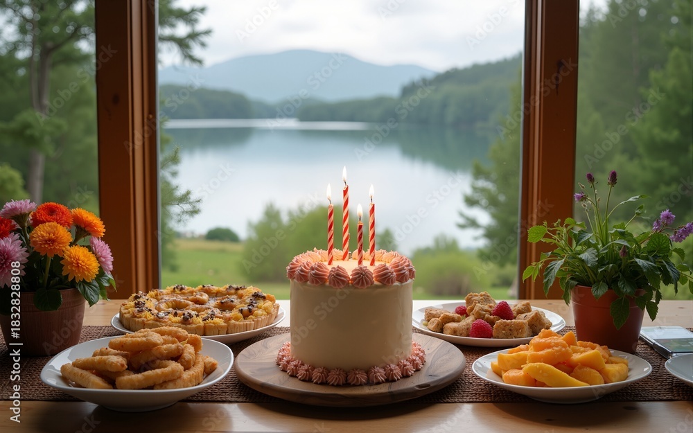 Fototapeta premium Scenic birthday celebration with a beautiful lake view and delicious food spread. High quality